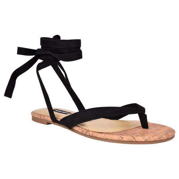 Nine West Tiedup Ankle Wrap Black Flat Sandals | Ireland 51A22-3E62